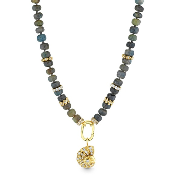 GOLD & DIAMOND NAUTILUS CHARM & MULTI-RONDELLE SAPPHIRE NECKLACE SYDNEY EVAN - Picture 6 of 6